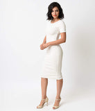 1960s Style Ivory Short Sleeve Stretch Mod Wiggle Dress