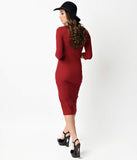 1960s Style Wine Red Quarter Sleeve Knit Wiggle Dress