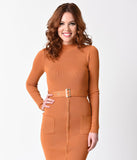 1970s Style Pumpkin Orange Knit Long Sleeve Wiggle Dress