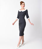 Banned 1940s Style Navy Blue Pinstripe Half Sleeve Poise Wiggle Dress