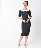 Banned 1940s Style Navy Blue Pinstripe Half Sleeve Poise Wiggle Dress