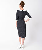 Banned 1940s Style Navy Blue Pinstripe Half Sleeve Poise Wiggle Dress