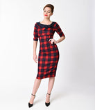 Banned 1940s Style Navy & Red Plaid Half Sleeve Take Me To Paris Wiggle Dress