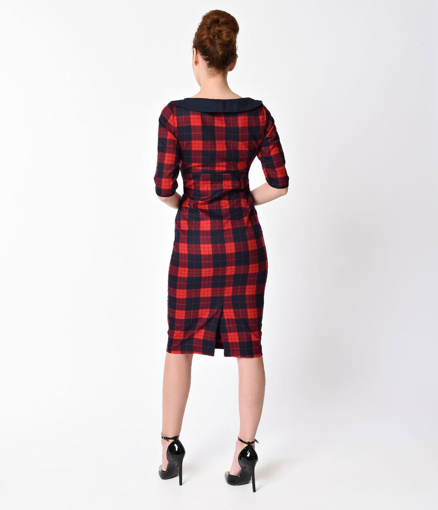 Banned 1940s Style Navy & Red Plaid Half Sleeve Take Me To Paris Wiggle Dress