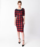 Banned 1940s Style Navy & Red Plaid Half Sleeve Take Me To Paris Wiggle Dress