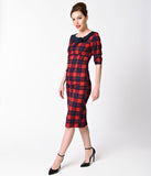 Banned 1940s Style Navy & Red Plaid Half Sleeve Take Me To Paris Wiggle Dress