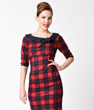 Banned 1940s Style Navy & Red Plaid Half Sleeve Take Me To Paris Wiggle Dress