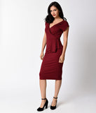 Banned Burgundy Red Pleated Stretch Cotton Evening Chic Wiggle Dress