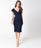 Banned Navy Blue Pleated Stretch Cotton Evening Chic Wiggle Dress