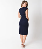 Banned Navy Blue Pleated Stretch Cotton Evening Chic Wiggle Dress