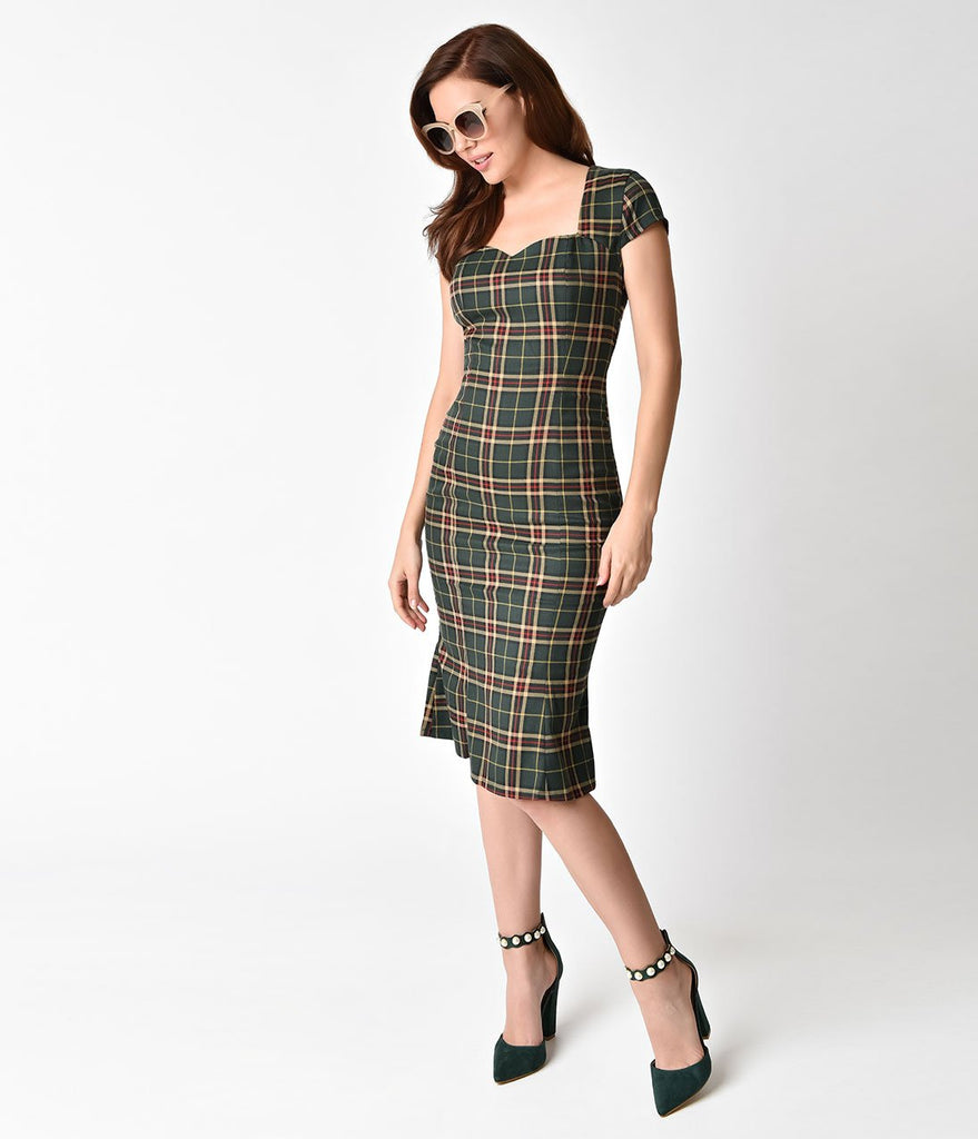 Banned Retro Style Green Tartan Cap Sleeve Poppy Wiggle Dress