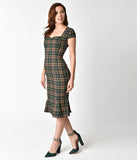 Banned Retro Style Green Tartan Cap Sleeve Poppy Wiggle Dress