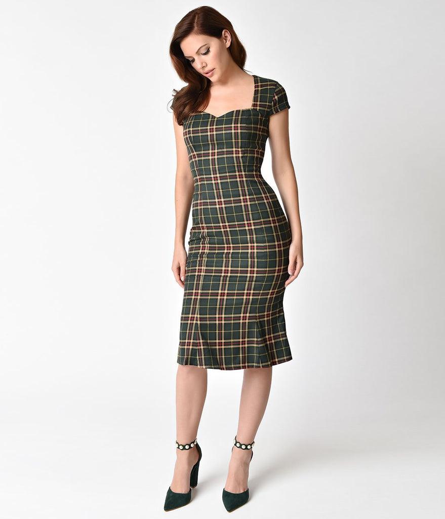 Banned Retro Style Green Tartan Cap Sleeve Poppy Wiggle Dress