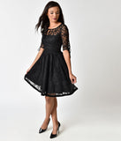 Banned Vintage Black Lace Feeling Rosy Half Sleeve Flare Dress