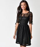 Banned Vintage Black Lace Feeling Rosy Half Sleeve Flare Dress