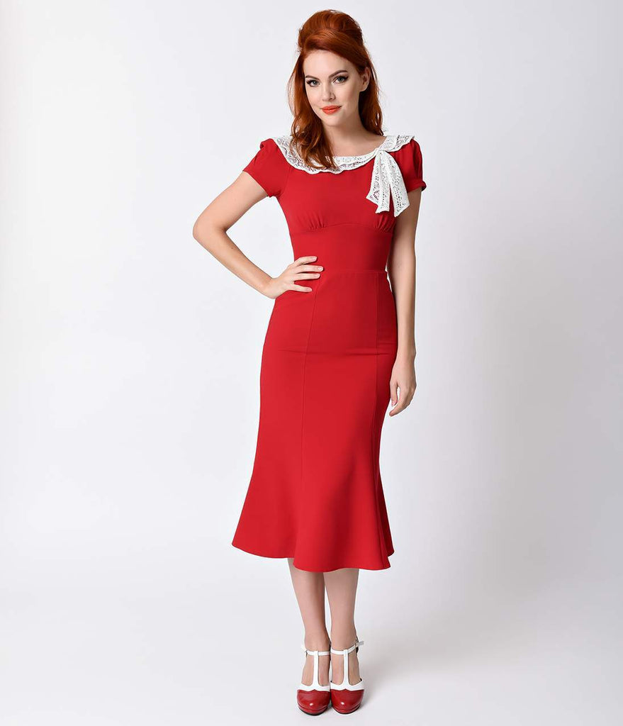 1930s Style Red Charm Short Sleeve Wiggle Dress