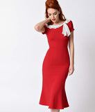 1930s Style Red Charm Short Sleeve Wiggle Dress