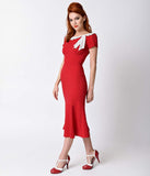 1930s Style Red Charm Short Sleeve Wiggle Dress