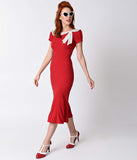 1930s Style Red Charm Short Sleeve Wiggle Dress