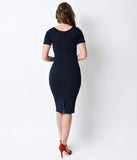 1960s Style Navy Short Sleeve Stretch Mod Wiggle Dress