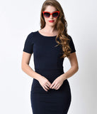 1960s Style Navy Short Sleeve Stretch Mod Wiggle Dress