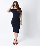 1960s Style Navy Short Sleeve Stretch Mod Wiggle Dress